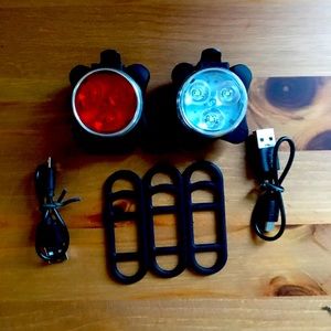 2×USB Rechargeable LED Bike Lights Set Headlight Taillight Caution Bicycle Light